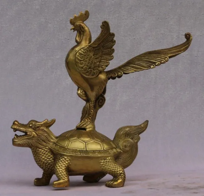 Chinese Fengshui Brass Champion Chicken And Dragon Turtle Statue Chinese Fengshui Brass Champion Chicken And Dragon Turtle Statue