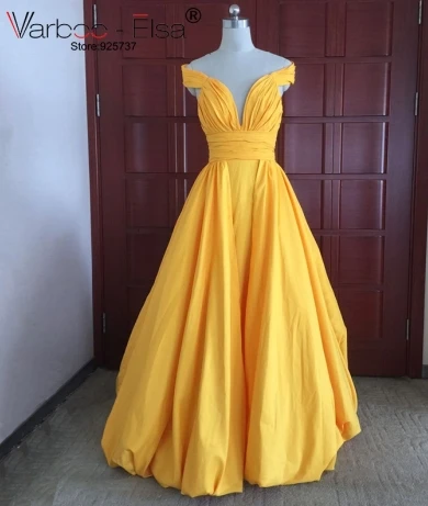 as picture VARBOO_ELSA длинное желтое платье для выпускного с открытыми плечами сексуальный v-образный вырез платья с открытой спиной на выпускной длинное платье из тафты и рюшами; платья для выпускного вечера - Цвет: as picture