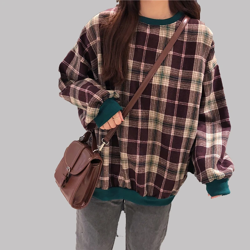 

Plaid Hoodies Sweatshirts Women O neck Clothing Feminina Spring thin Loose Female Casual Coat Tracksuits Students loose 2018