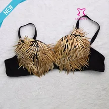 Золотой сексуальный панк готический металлический длинный шип запонка заклепка пуш-ап бюстгальтер лифчик вечерние Клубные танцевальные костюмы B чашки для женщин дамы