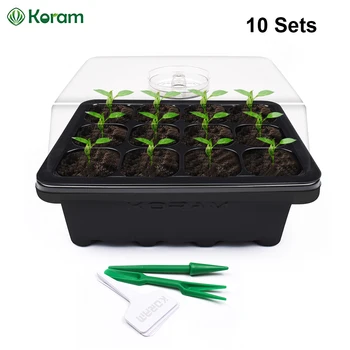 

KORAM 10 Set 12 Cells Seed Tray Nursery Pot Garden Grow Box Seedling Starter Germination Kit with Dome Plant Tags Hand Tool