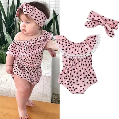 

US STOCK Baby Girl Adorable Bodysuit Heart Print Off Shoulder Tassel Jumpsuit Headband Summer Sleeveless Ruffle Princess