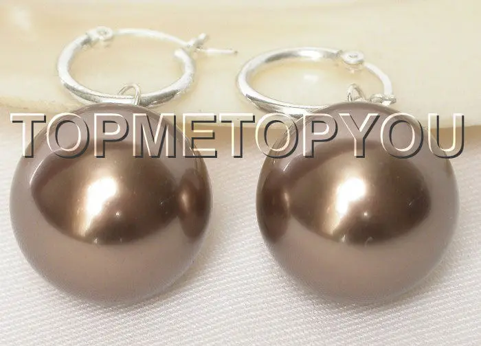 

Free shipping hot sale Women Bridal Wedding Jewelry >>>AAA Dangle big 20mm coffee round sea shell pearls earring 925sc