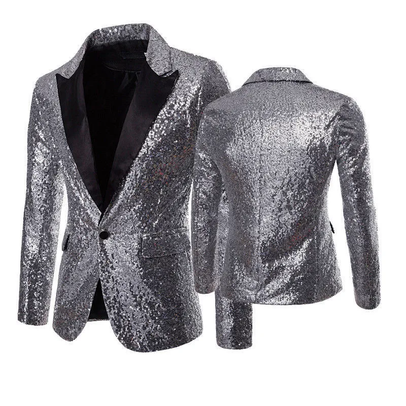Модный мужской блейзер с блестками, Золотой Серебристый мужской пиджак с пайетками, блейзеры с длинными рукавами на одной пуговице, вечерние концертные пиджаки