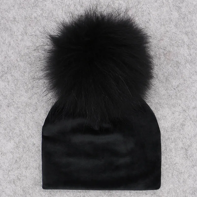 GZHILOVINGL Real Fur Pom Pom Baby Girls Boys Hat Warm Winter Knitted Velvet Hat Toddler Kids Soft Thick Flannel Beanies Pompoms - Цвет: black No16