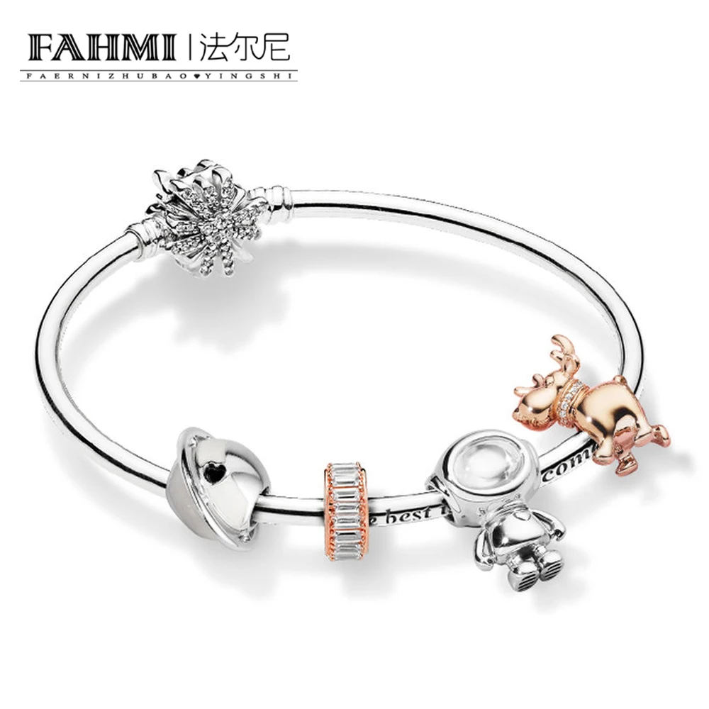 

FAHMI 100% 925 Sterling Silver ZT0214 Space Journey Winter Bracelet Setp ROSE REINDEER CHARM Planet of Love Charm Astronaut