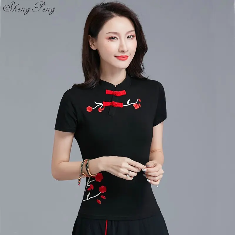 Новое поступление Tang элегантная винтажная блузка женская традиционная китайская одежда топы с короткими рукавами для женщин V1435