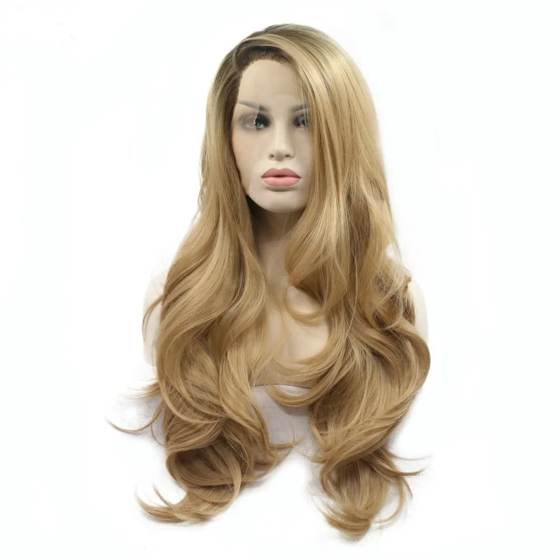 

Marquesha Natural Hairline Wavy Dark Root Heat Resistant Fiber Glueless Synthetic Lace Front Ombre Blonde Wig