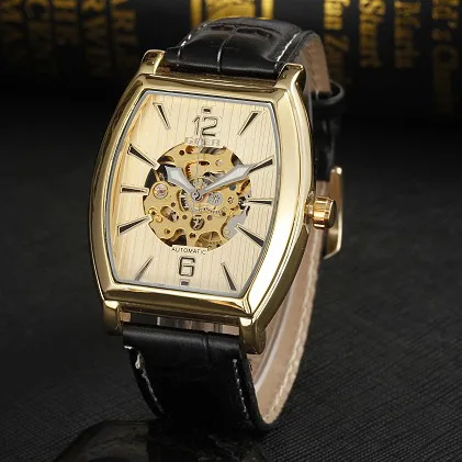 GEOR brand leather machinery Men s Automatic Watch Square Luminous fashion Skeleton digital male Wrist watches