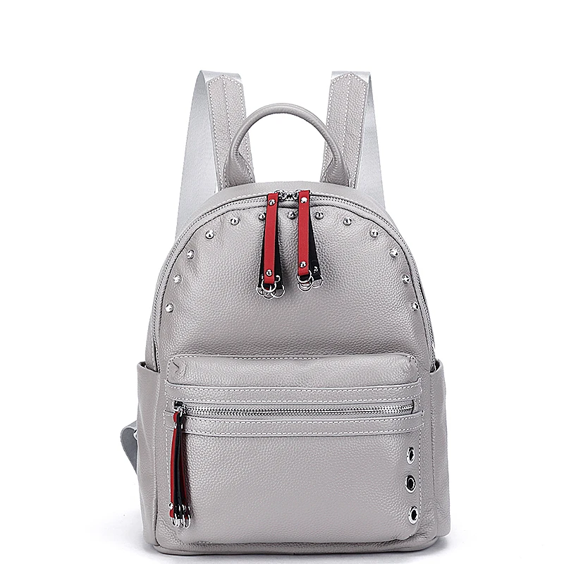 

2018 Korean Panelled Real Leather Backpack Women Leisure Rivets Bagpack Large Capacity Travel Bag Girl Student School Bag