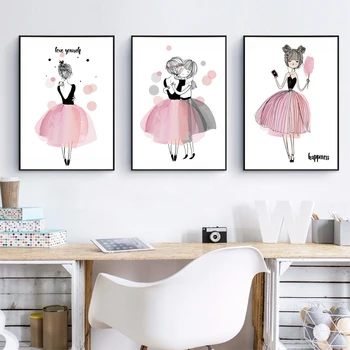 

Cute Cartoon Girl Canvas Art Print Poster Kids Room Wall Decor , Watercolor Pink Canvas Painting For Girl Room Decoration