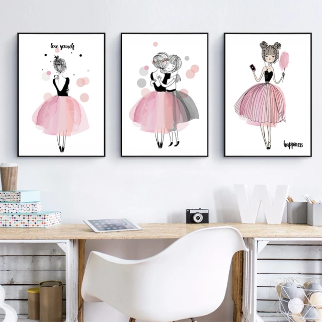 Cute Cartoon Girl Canvas Art Print Poster Kids Room Wall Decor Watercolor Pink Canvas Painting For