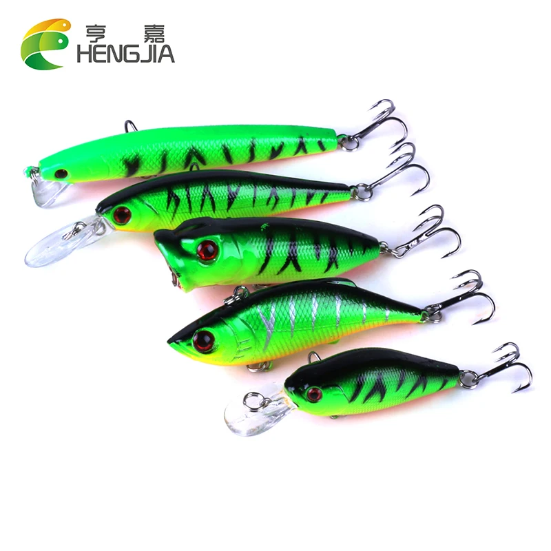 

HENGJIA 5pcs/lot Minnow Fishing Lure Set China Hard Bait Jig Carp Fishing Tackle Green Color Wobblers