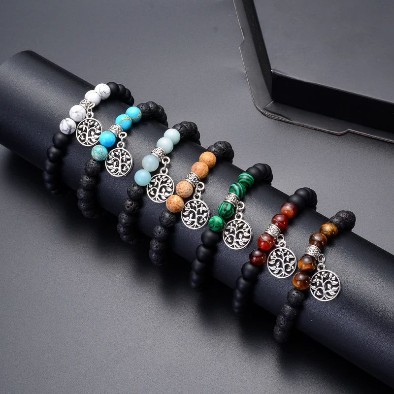 

Bright Moon Fashion Natural Crystal Stone Bracelet Lava Bead Stone Bracelet Bohemian Tree of Love Charm Bracelet for Women