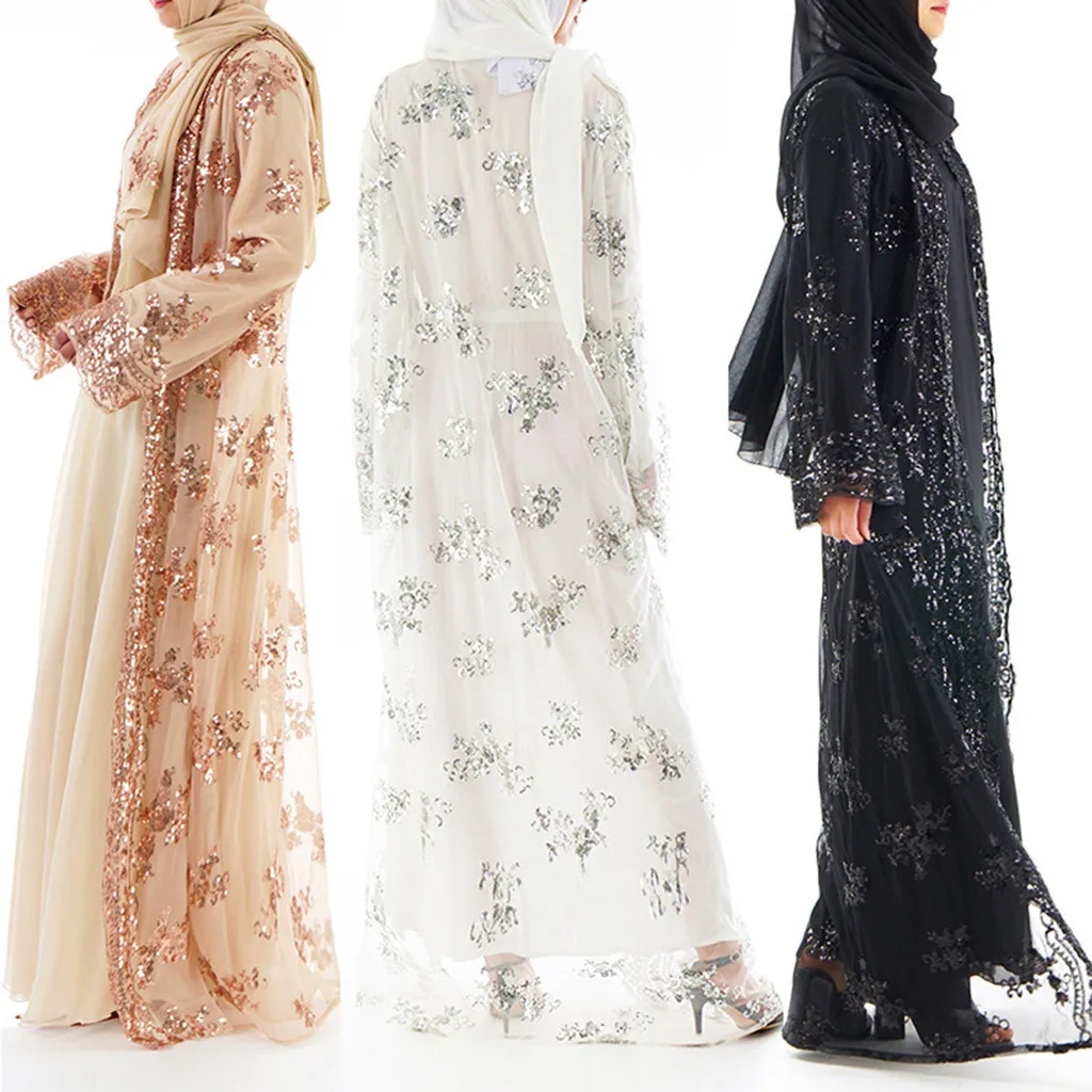 

Muslim Women Lace Sequin Cardigan Ladies Clothing Maxi Dress Kimono Open Abaya Robe Kaftan Dubai roupas feminina