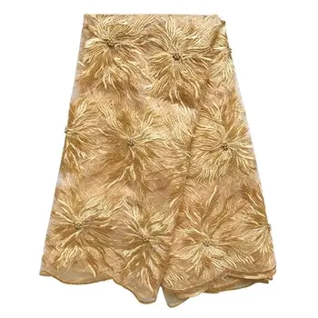 

gold lace Fabric high quality african tulle fabric lace tissu with beads latest design french mesh lace farbic embroidery
