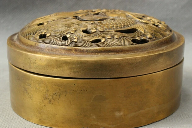 

JP S0608 Old Tibet Pure Bronze Buddhism Dragon Fish Head Statue Box Incense Burner Censer B0403