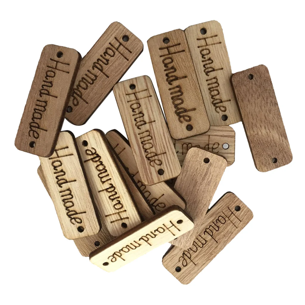 100Pcs Handmade Tag Label Wooden Buttons Wood Handmade Tags Button with 2 Holes for Crafts Sewing Clothing Decoration