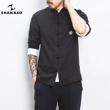 Мужская рубашка большого размера из высококачественного хлопка и льна с длинными рукавами Осенняя Оригинальная Повседневная рубашка в китайском стиле черного и бежевого цвета