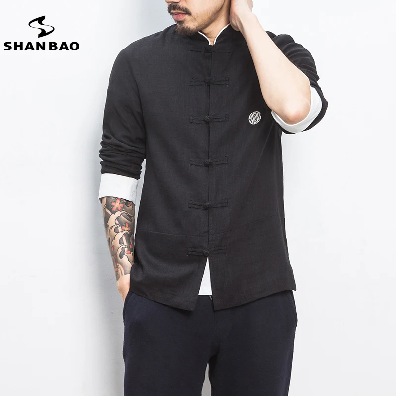 

large size men's high-quality cotton and linen long-sleeved shirt 2019 spring original Chinese style casual shirt black beige