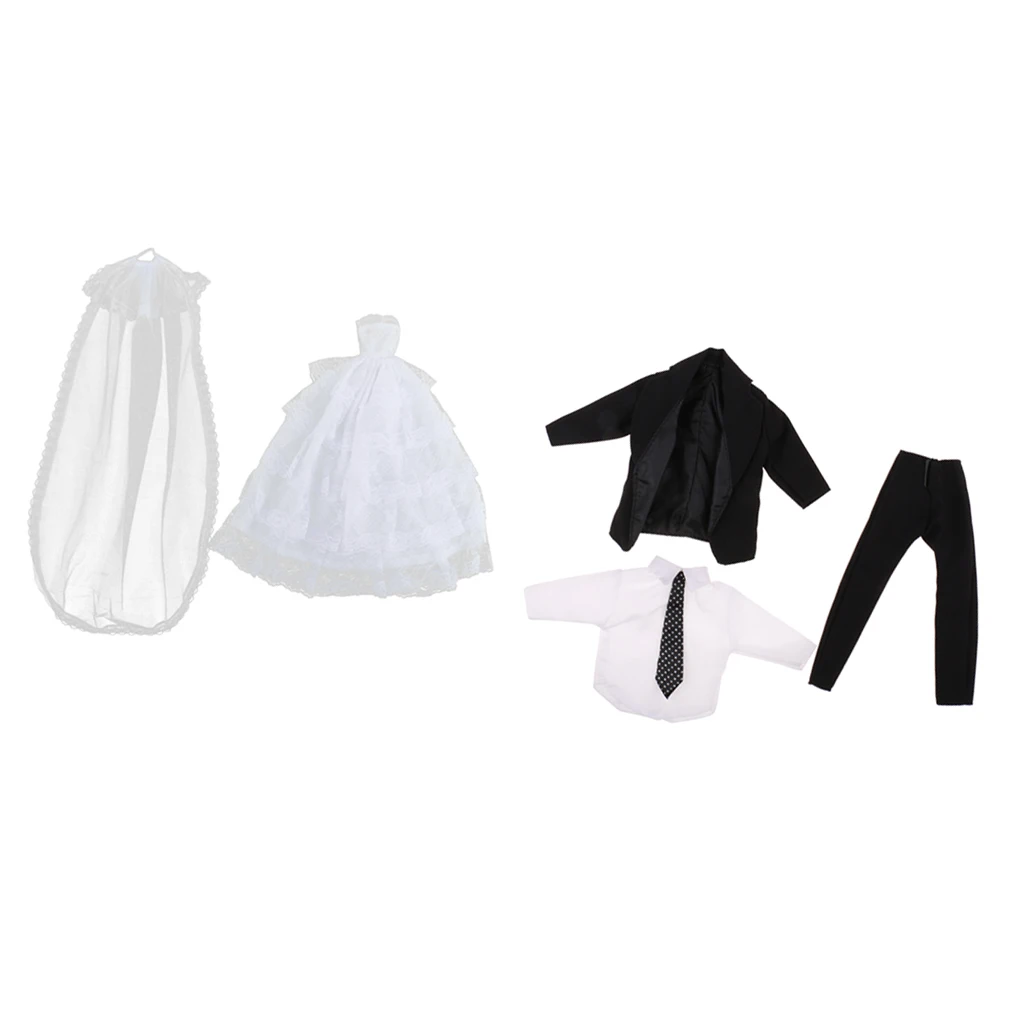  Stunning Garment Set White Tube Top Dress Wedding Gown w. Veil & Black Tux Business Suit For   Doll Accs