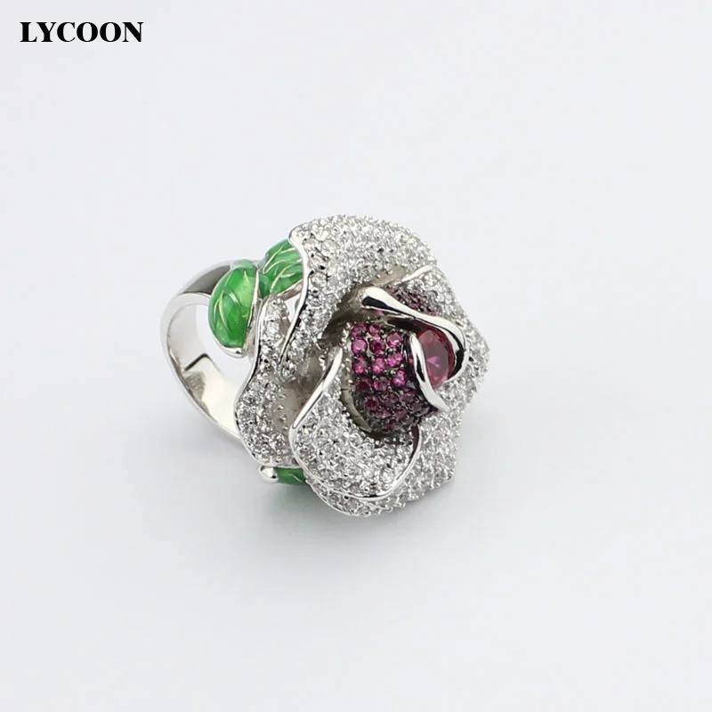 LYCOON новейшее роскошное кольцо с красным Цирконом для женщин обручальное женское кольцо с большим цветком розы кубический цирконий CZ камень обручальные кольца