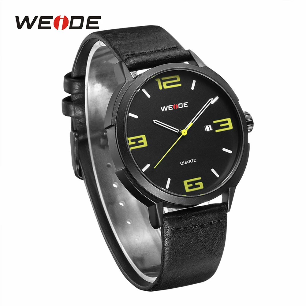 WEIDE High Quality Brand Fashion Casual Calendar Quartz Analog Auto Date Mens Clock Wristwatches Black PU Leather Strap Hours