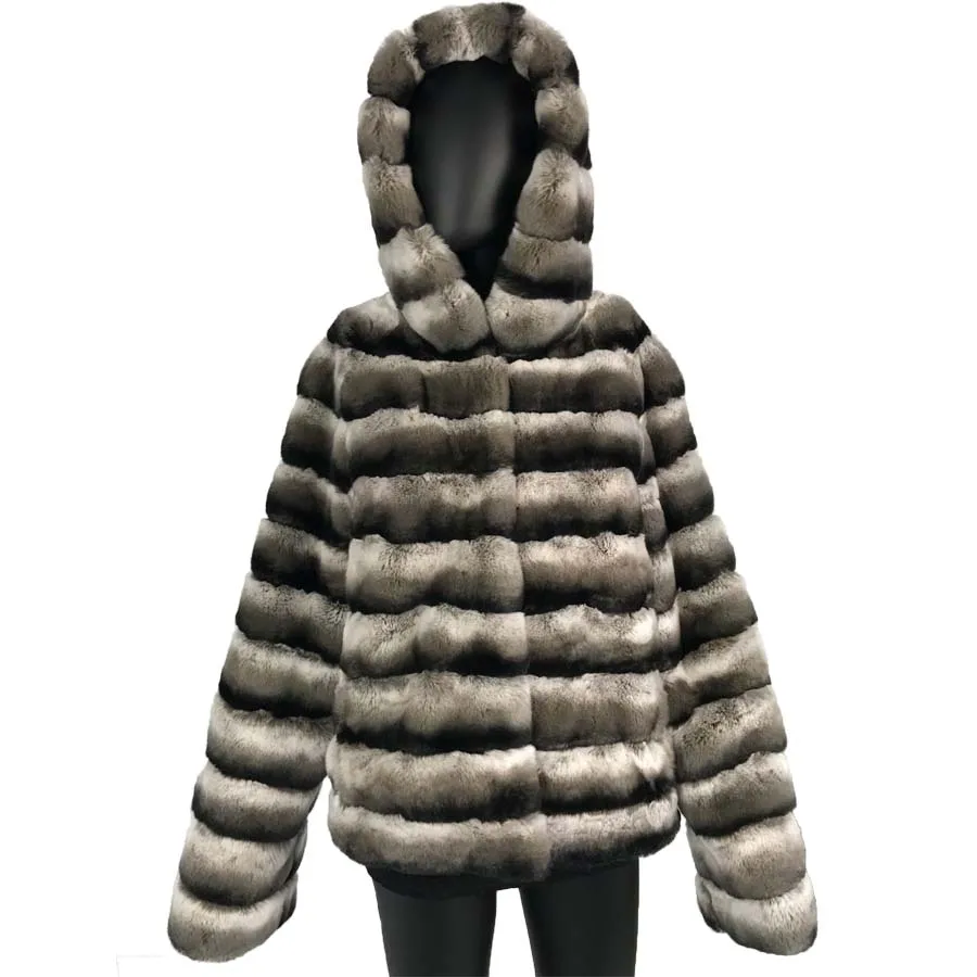 Натуральный черный, серый, коричневый, в полоску, пальто с мехом кролика рекс верхняя одежда средней длины с капюшоном Шиншилла Цвет натуральный мех пальто куртка Толстая w