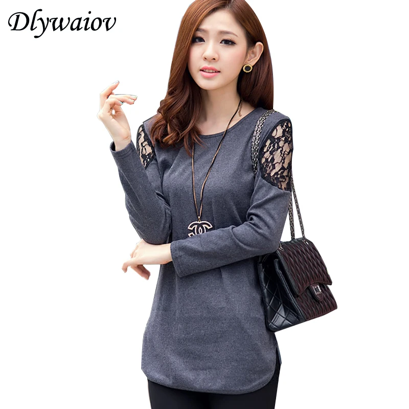 

2019 Spring New Modis Women T-shirts Lace Hollow Long Sleeve tshirt Elegant Temperament Slim Plus Size Femme Split Wild Tops