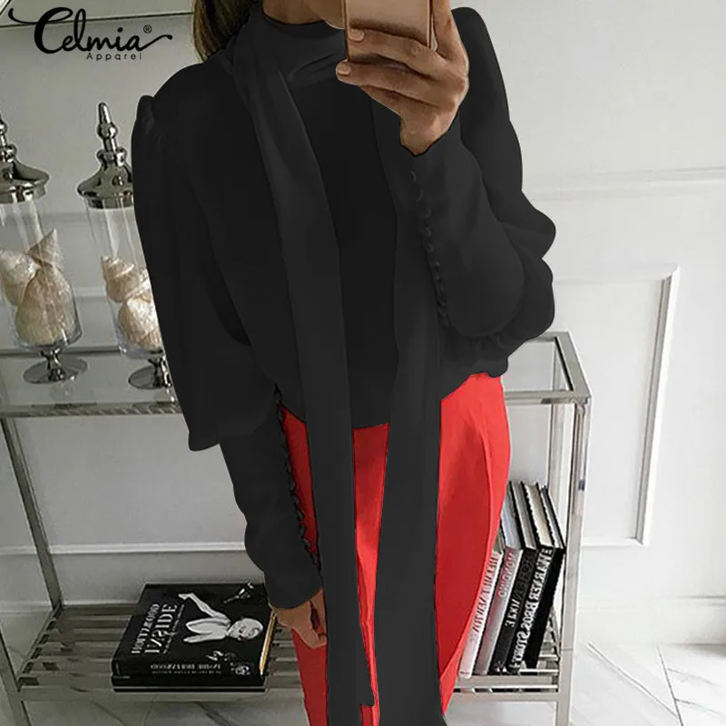  Women White Chiffon Blouses Celmia Ladies Turtleneck Long Lantern Sleeve Work Shirts Casual Long Ti