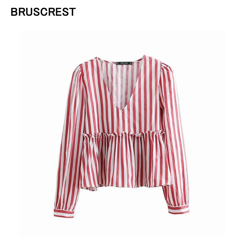 

2019 Summer red white striped V neck blouse women shirts ruffle long sleeve female casual shirts sweet summer chic tops blusas