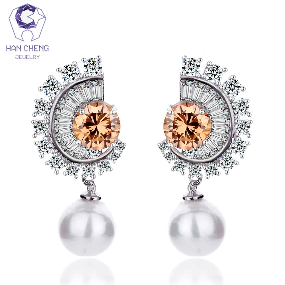 

HanCheng New Fashion Luxury Geometric Silver Plated Dangle Hanging Zircon Pearl Drop Earrings For Women Jewelry brincos bijoux
