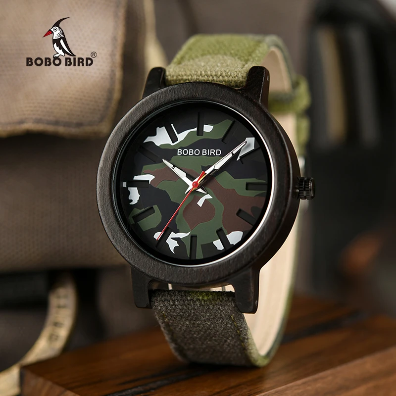 BOBO BIRD Green Army Men Quartz Watch Luxury Wood Wristwatches Timepiece Top Brand Best Gift relogio masculino In Wood Box L-R24