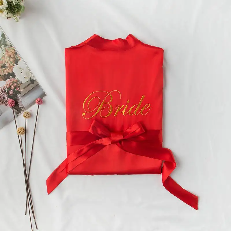 Летняя новинка, атласное кимоно для невесты, халат, платье для женщин, сексуальная ночная рубашка с вышивкой, ночная рубашка, винтажное платье для сна - Цвет: Red Bride