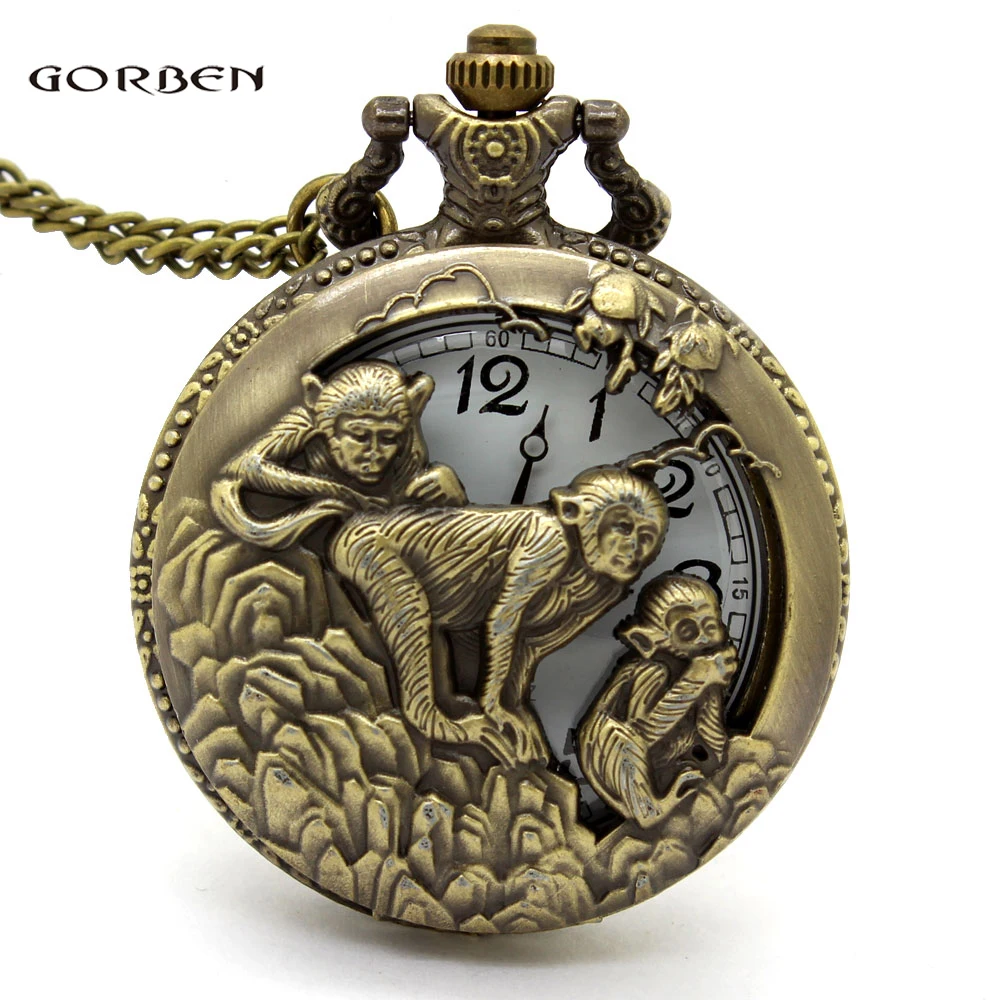 Fashion Vintage Bronze Quartz Pocket Watch Hollow Chinese Zodiac Monkey