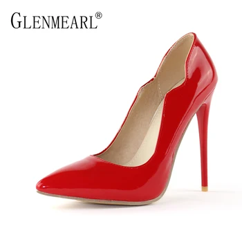 

Brand Woman Shoes High Heels Spring Single Pumps Women Patent leather Thin High Heels Shoes Black Pointed Toe Wedding Shoes DE
