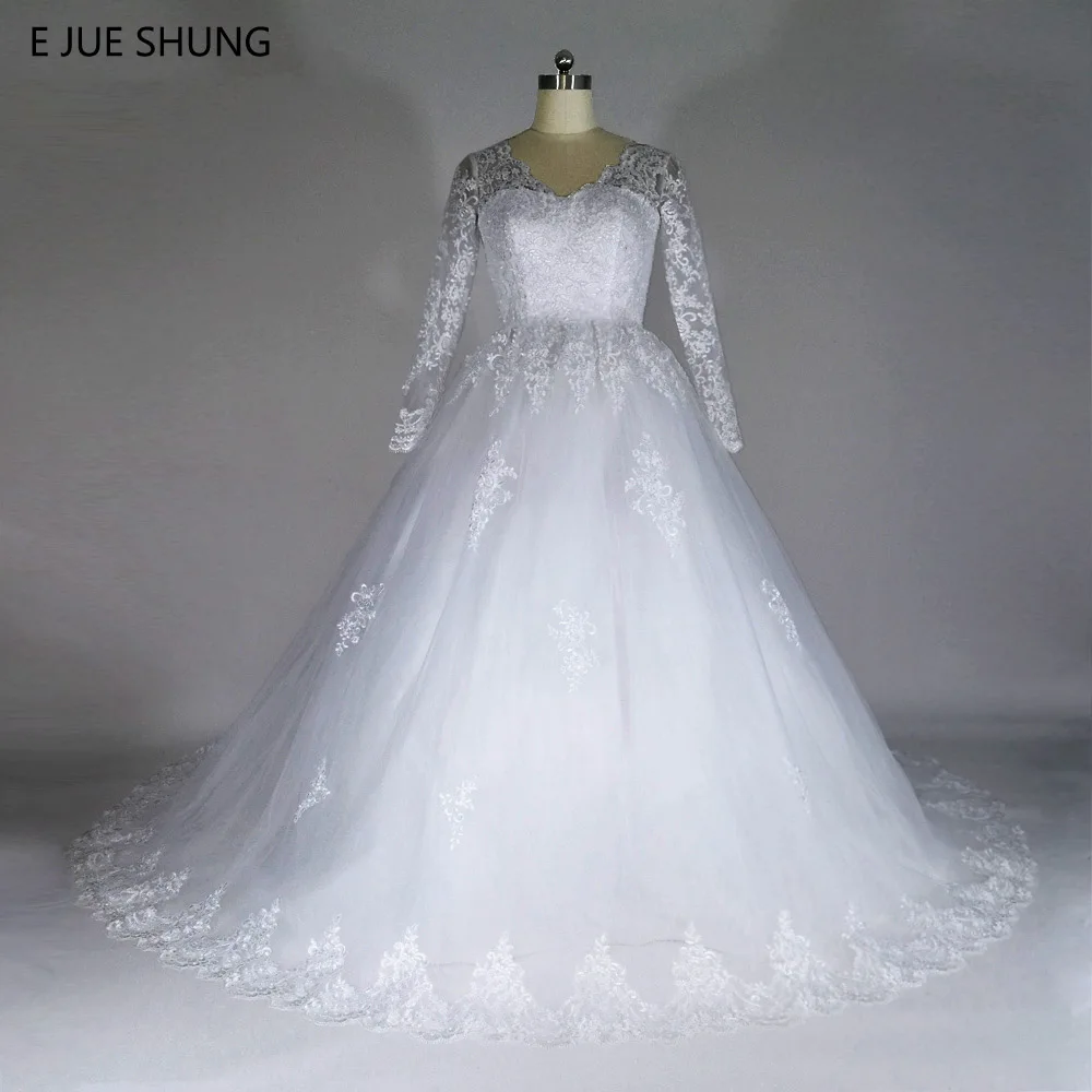 E JUE SHUNG винтажное кружевное бальное платье с аппликацией дешевые свадебные платья Длинные рукава Свадебные платья без спинки свадебное платье