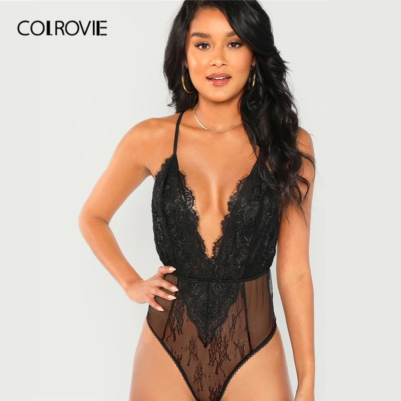 

COLROVIE Black Solid Sheer Cami Skinny Lace Sexy Bodysuit Women 2019 Fashion Sleeveless Ladies Bodysuits One-Piece Club Bodysuit