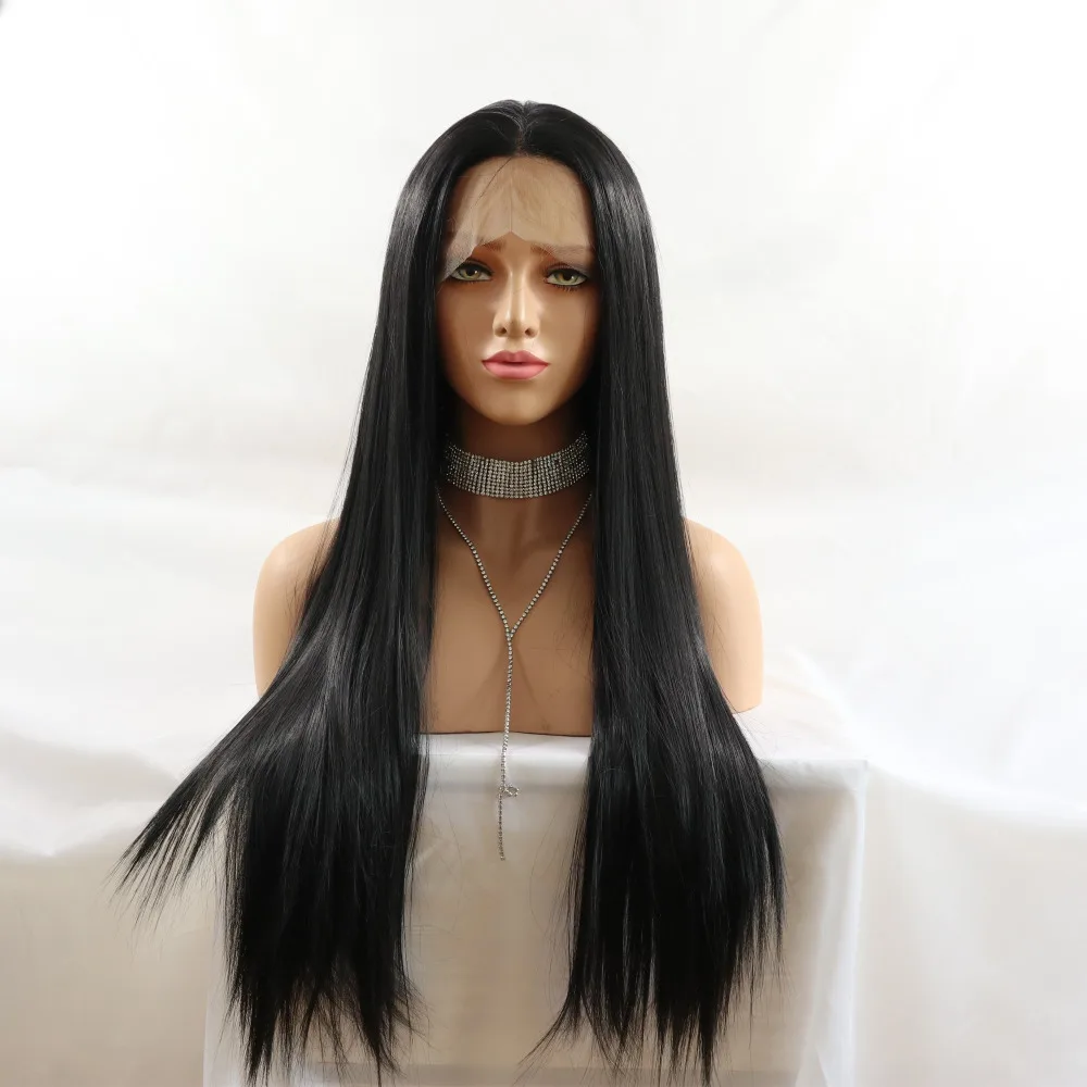 

Marquesha Realistic Looking Long Straight Free Parting Heat Resistant Fiber Synthetic Lace Front Black Wigs For Women