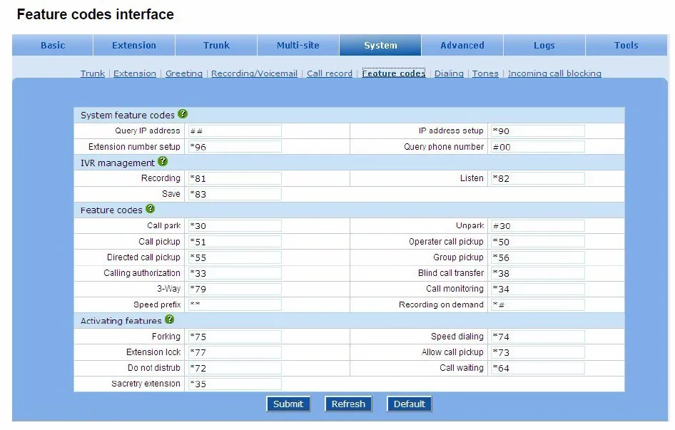User feature codes interface