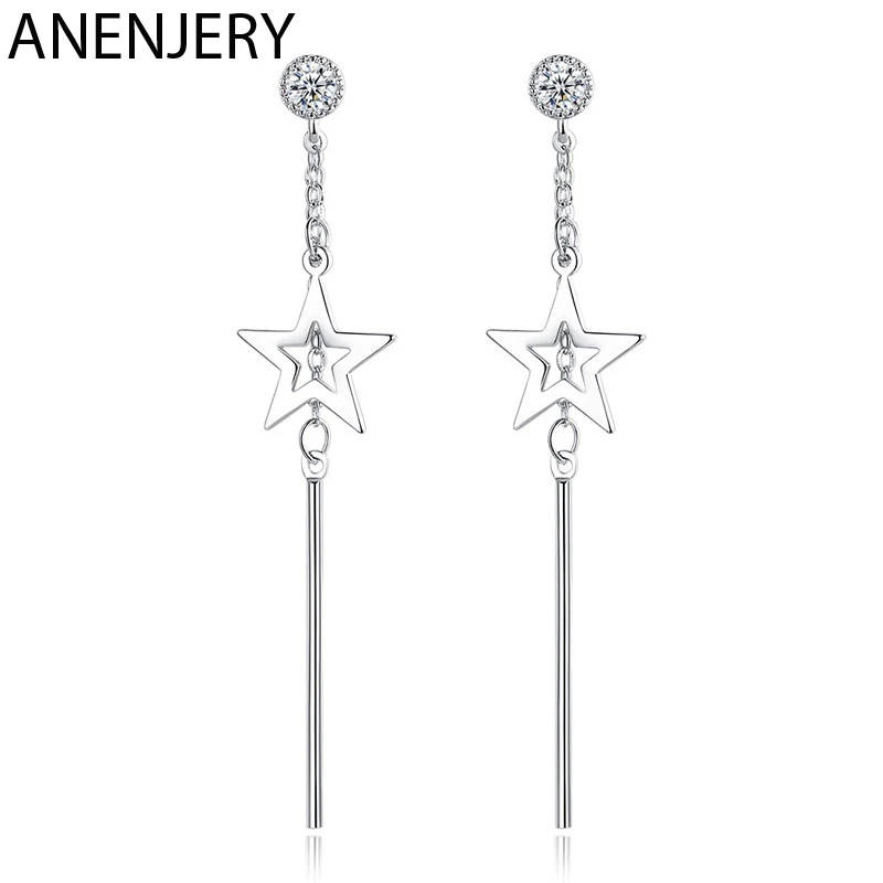 

ANENJERY Simple 925 Sterling Silver Earrings Star Zircon Tassel Chain Earrings For Women Girl Jewelry Gift S-E878