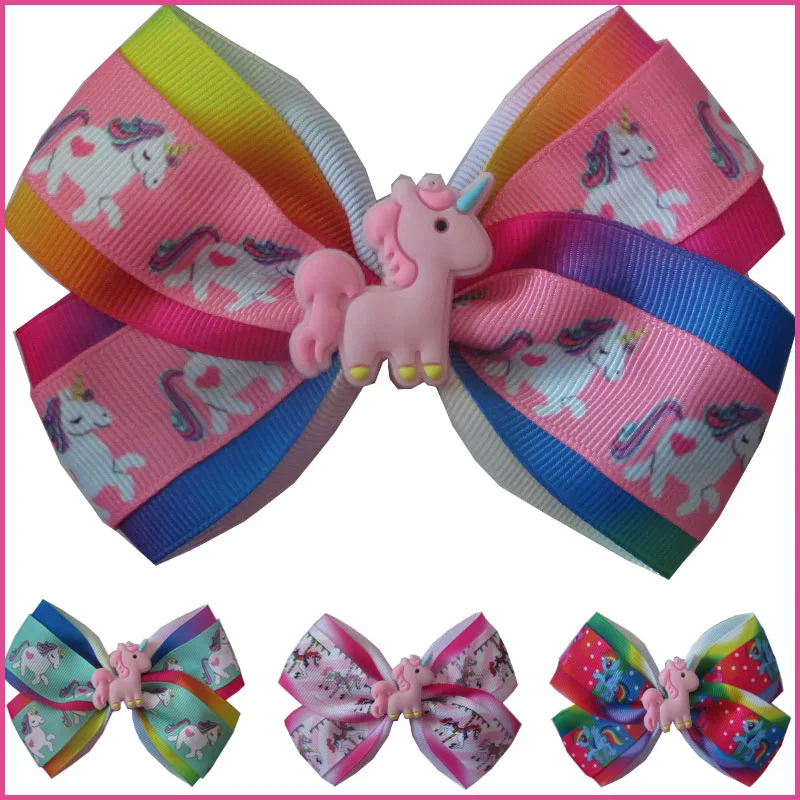 

20 BLESSING Girl 4.5" Two Tone Angel Hair Bow Clip Rainbow Unicorn Pony Hairbow