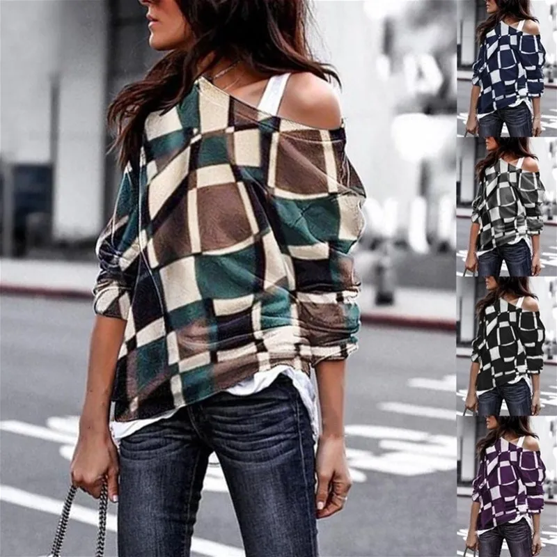 

2019 Hot Sale Women Slash Neck Thin T-Shirts Spring Autumn Plaid Tops Casual Long Sleeve Loosetees