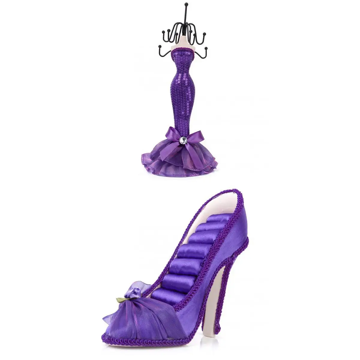 

2x Ring Necklace Earring Display Holder Mannequin Elegant Dress & High Heel Shoe Mannequin Sequins gown Jewelry Holder