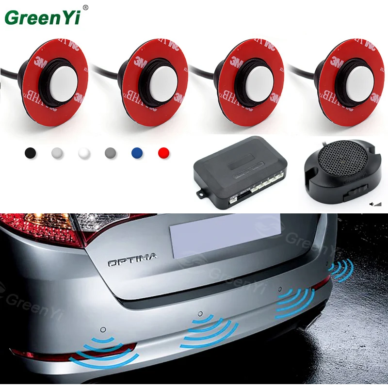 

GreenYi New Car Parking Sensor Parktronic Reverse Backup Radar Detector 13MM Original Flat Adjustable Sensors with Buzzer Alert
