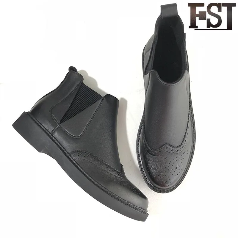 

FSJ Genuine Leather Ladies Woman Ankle Boots Slip-On Winter Low Heel Cotton Fabric Patent Leather 2019 Round Toe Sewing Size 39