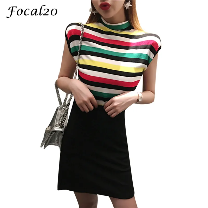 Download Focal20 Streetwear Hit Color Stripes Women Knitted T shirt ...