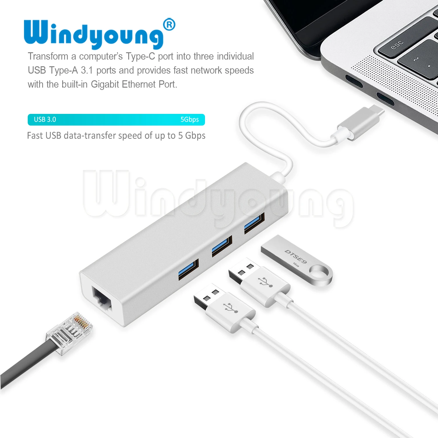 USB C Ethernet RJ45 Lan Adapter Type C to 3 Ports USB 3.0 Hub 10/100/1000Mbps Gigabit Ethernet Network Adapter for Macbook