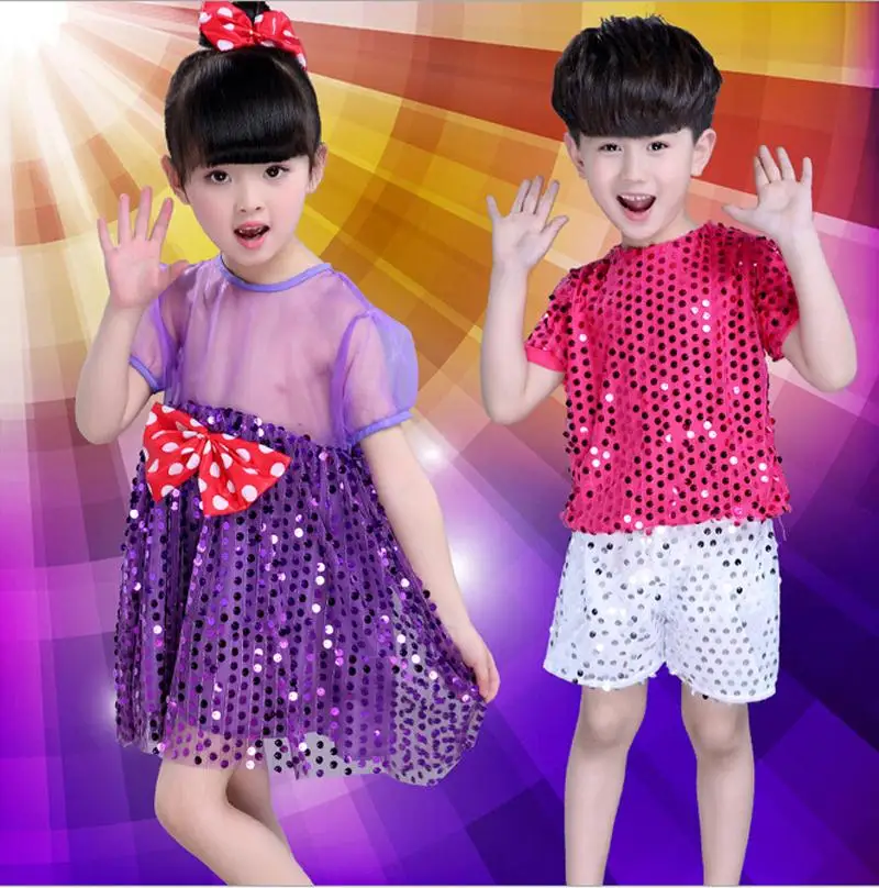 Free shipping,purple Children girl transparent clear gauze latin JAZZ sequins dance dress skirt pink T shirt and pants costume