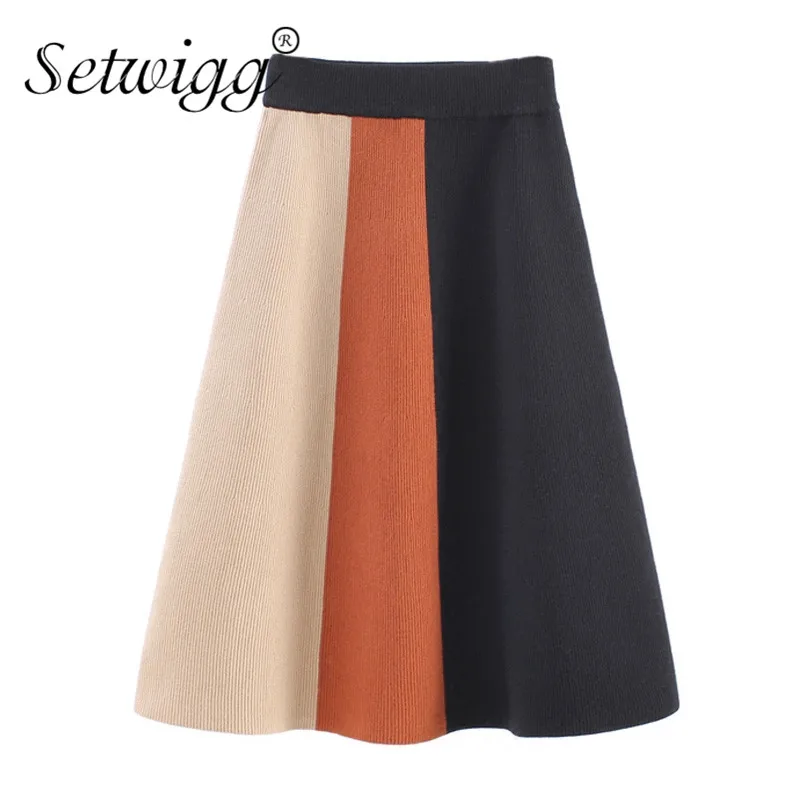 Goede SETWIGG Herfst Kleurblok Patchwork A lijn Gebreide Rokken Elastische Taille Verticale Brede Gestreepte Gebreide Midi Lente Rokken